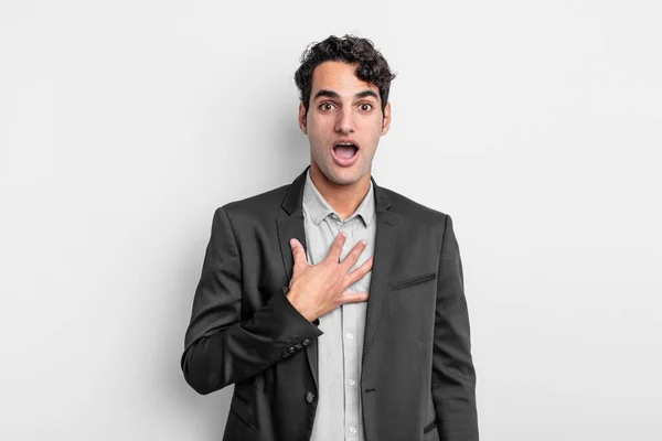 Young Businessman Feeling Shocked Astonished Surprised Hand Chest Open Mouth — Stock Photo, Image