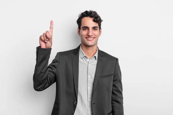 Young Businessman Smiling Cheerfully Happily Pointing Upwards One Hand Copy — Stock Photo, Image