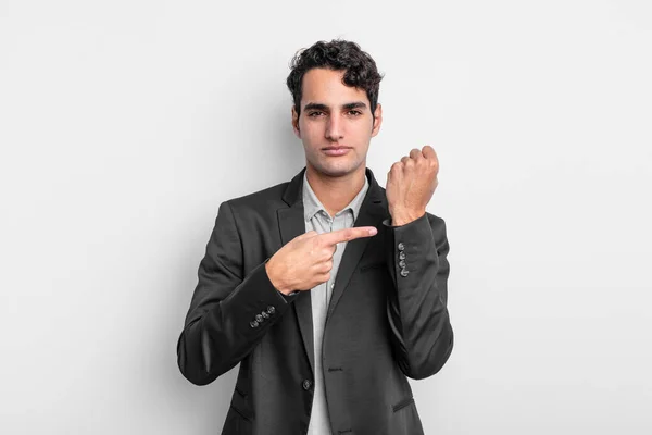Young Businessman Looking Impatient Angry Pointing Watch Asking Punctuality Wants — Stock Photo, Image