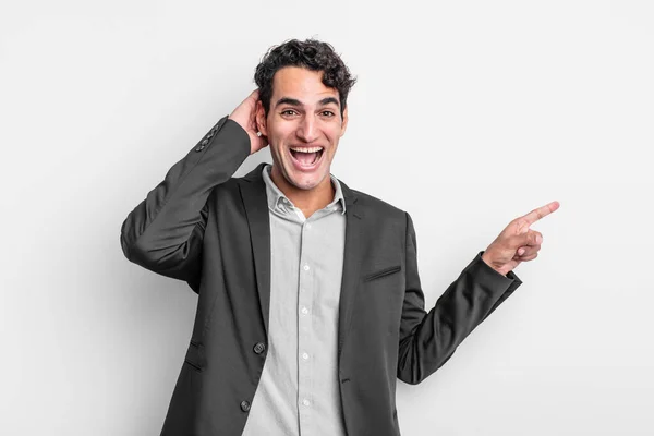 Young Businessman Laughing Looking Happy Positive Surprised Realizing Great Idea — Stock Photo, Image