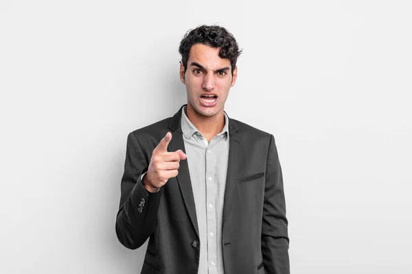 Young Businessman Pointing Camera Angry Aggressive Expression Looking Furious Crazy — Stock Photo, Image