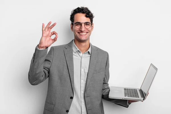 Hispanic Handsome Man Feeling Happy Showing Approval Okay Gesture Business — Stock Photo, Image