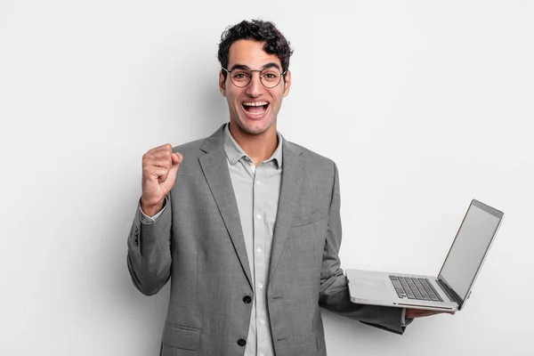 Hispanic Handsome Man Feeling Shocked Laughing Celebrating Success Business Laptop — Stock Photo, Image