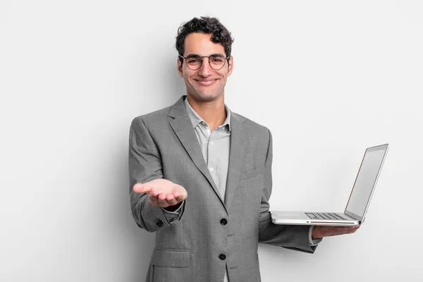 Hispanic Handsome Man Smiling Happily Friendly Offering Showing Concept Business — Stock Photo, Image