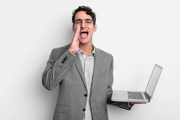 Hispanic Handsome Man Feeling Happy Giving Big Shout Out Hands — Stock Photo, Image