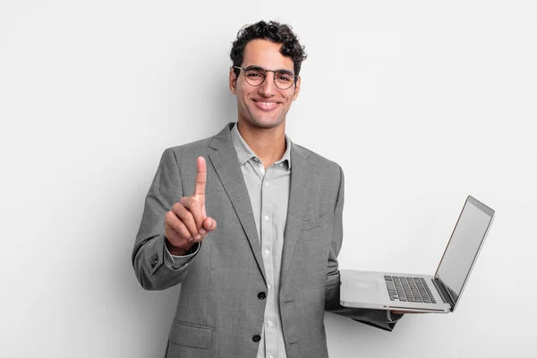 Hispanic Handsome Man Smiling Proudly Confidently Making Number One Business — Stock Photo, Image