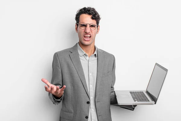 Hispanic Handsome Man Looking Angry Annoyed Frustrated Business Laptop Concept — Stock Photo, Image