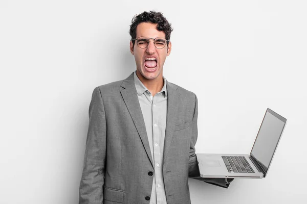 Hispanic Handsome Man Shouting Aggressively Looking Very Angry Business Laptop — Stock Photo, Image