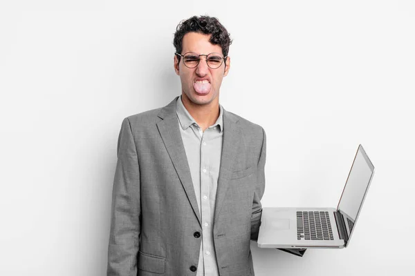 Hispanic Handsome Man Feeling Disgusted Irritated Tongue Out Business Laptop Stock Picture