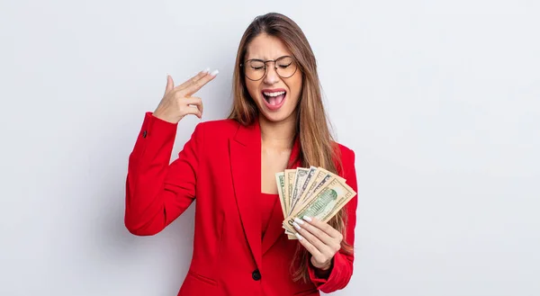 Mujer Bonita Asiática Que Parece Infeliz Estresada Gesto Suicida Haciendo — Foto de Stock