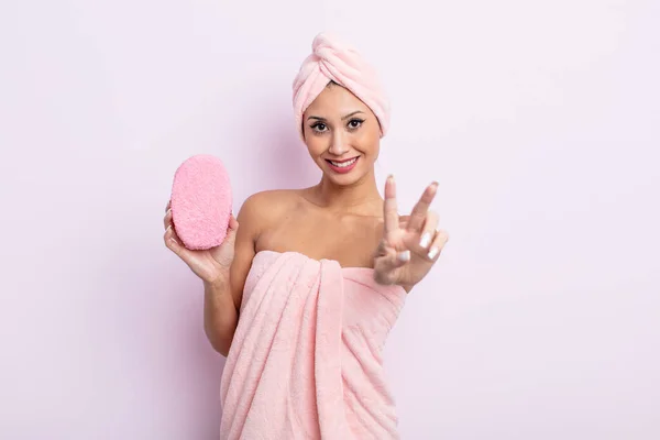 Asiatic Pretty Woman Smiling Looking Happy Gesturing Victory Peace Bathrobe — Stock Photo, Image