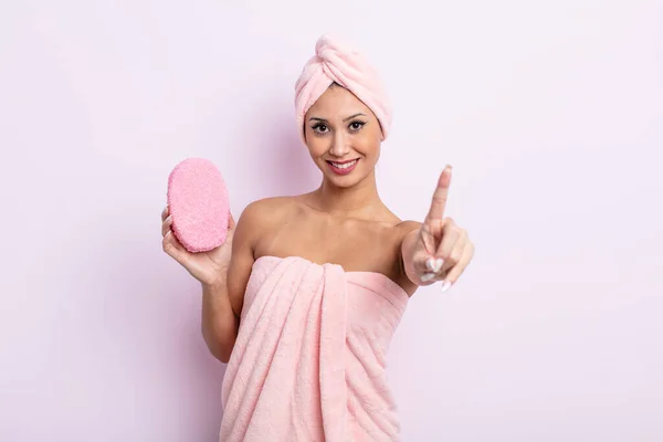 Asiatic Pretty Woman Smiling Proudly Confidently Making Number One Bathrobe — Stock Photo, Image