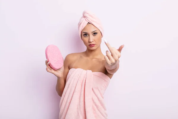 Asiatic Pretty Woman Feeling Angry Annoyed Rebellious Aggressive Bathrobe Sponge — Stock Photo, Image