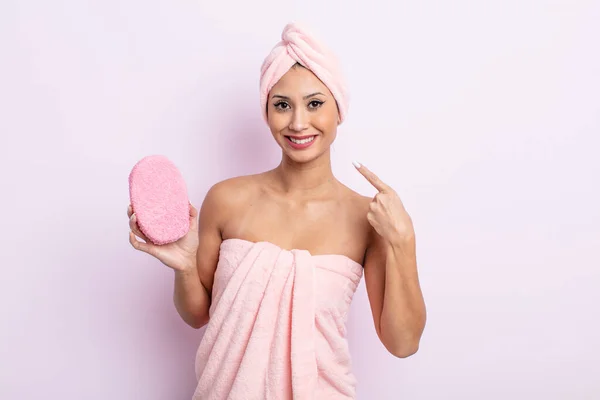 Asiatic Pretty Woman Smiling Confidently Pointing Own Broad Smile Bathrobe — Stock Photo, Image