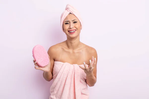 Asiatic Pretty Woman Looking Desperate Frustrated Stressed Bathrobe Sponge Concept — Stock Photo, Image