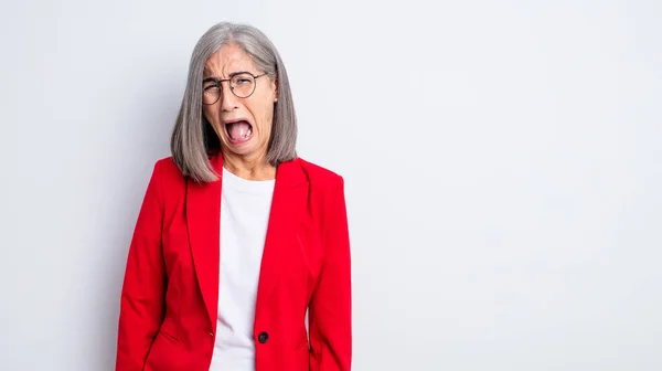 Senior Pretty Woman Shouting Aggressively Looking Very Angry Businesswoman Concept — Stock Photo, Image