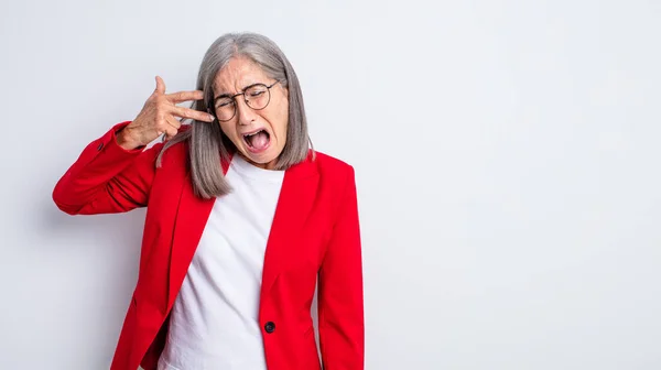 Senior Pretty Woman Looking Unhappy Stressed Suicide Gesture Making Gun — Stock Photo, Image