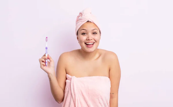 Hispanic Pretty Woman Looking Happy Pleasantly Surprised Tooth Brush Concept — Stock Photo, Image