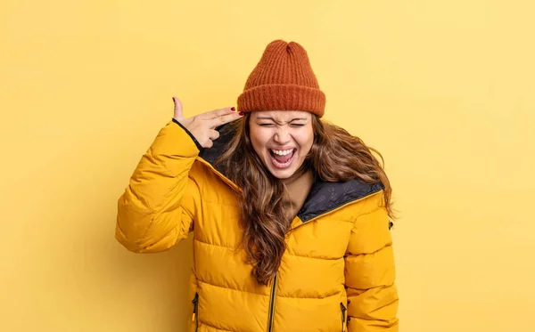 Hispanic Pretty Woman Looking Unhappy Stressed Suicide Gesture Making Gun — Stock Photo, Image