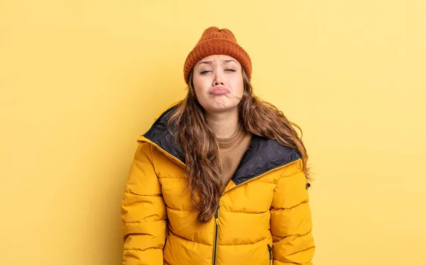 Zijn Paniekerige Mooie Vrouw Voelt Zich Verdrietig Zeurderig Met Een — Stockfoto