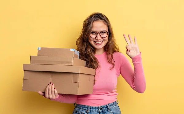 Hispanic Pretty Woman Smiling Looking Friendly Showing Number Three Storage — Stock Photo, Image