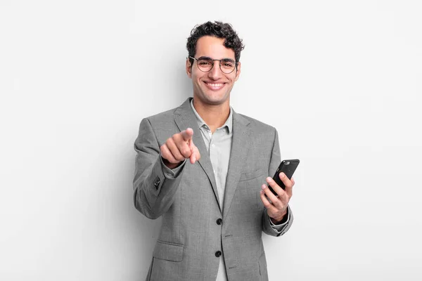 Hispanic Handsome Man Pointing Camera Choosing You Business Phone Concept — Stock Photo, Image