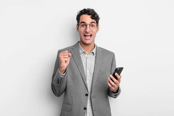 Hispanic Handsome Man Feeling Shocked Laughing Celebrating Success Business Phone — Stock Photo, Image