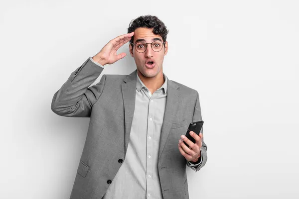 Hispanic Handsome Man Looking Happy Astonished Surprised Business Phone Concept — Stock Photo, Image