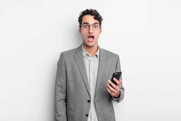Hispanic Handsome Man Looking Very Shocked Surprised Business Phone Concept — Stock Photo, Image
