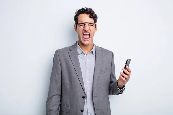 Hispanic Handsome Man Shouting Aggressively Looking Very Angry Business Phone — Stock Photo, Image