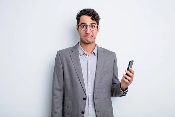 Hispanic Handsome Man Looking Puzzled Confused Business Phone Concept — Stock Photo, Image