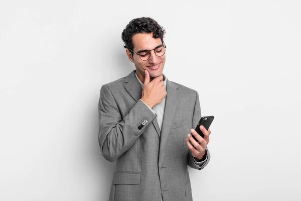 Hispanic Handsome Man Smiling Happy Confident Expression Hand Chin Business — Stock Photo, Image