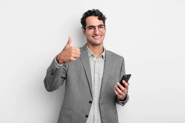Hispanic Handsome Man Feeling Proud Smiling Positively Thumbs Business Phone — Stock Photo, Image