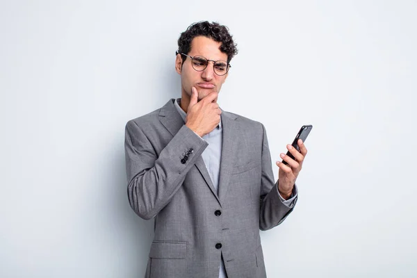 Hispanic Handsome Man Thinking Feeling Doubtful Confused Business Phone Concept — Stock Photo, Image
