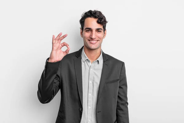 Young Businessman Feeling Happy Relaxed Satisfied Showing Approval Okay Gesture — Stock Photo, Image