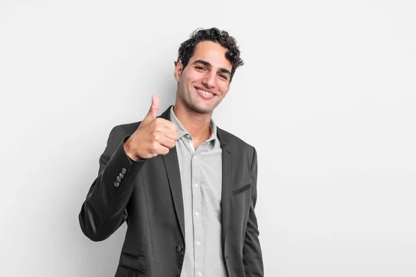 Young Businessman Feeling Proud Carefree Confident Happy Smiling Positively Thumbs — Stock Photo, Image