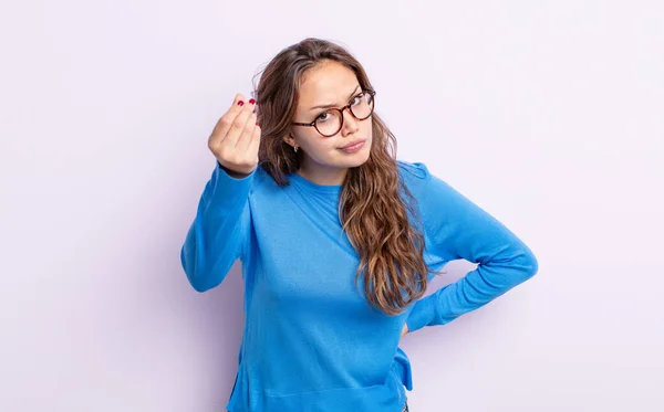 Hispânico Bonita Mulher Fazendo Capice Dinheiro Gesto Dizendo Lhe Para — Fotografia de Stock