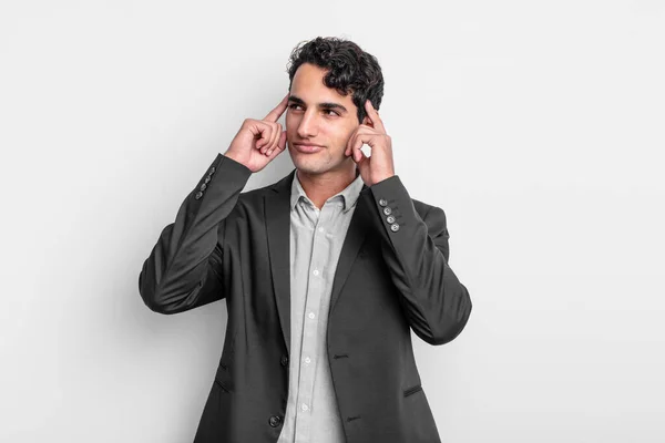 Young Businessman Feeling Confused Doubting Concentrating Idea Thinking Hard Looking — Stock Photo, Image