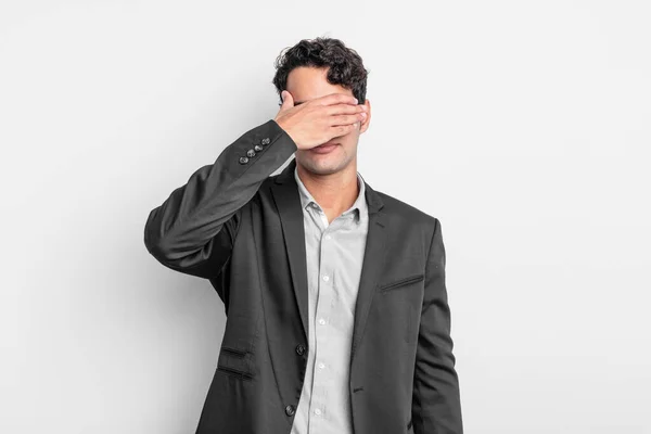 Young Businessman Covering Eyes One Hand Feeling Scared Anxious Wondering — Stock Photo, Image