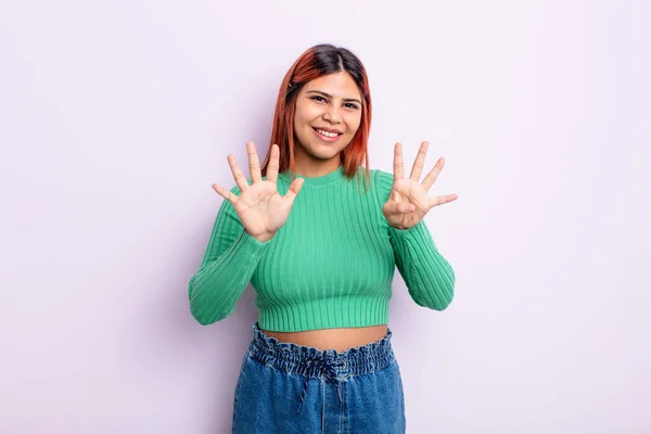 Young Hispanic Woman Smiling Looking Friendly Showing Number Nine Ninth — Stock Photo, Image