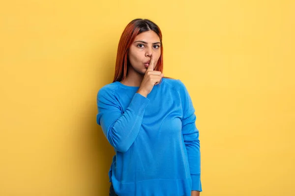 Young Hispanic Woman Asking Silence Quiet Gesturing Finger Front Mouth — Stock Photo, Image