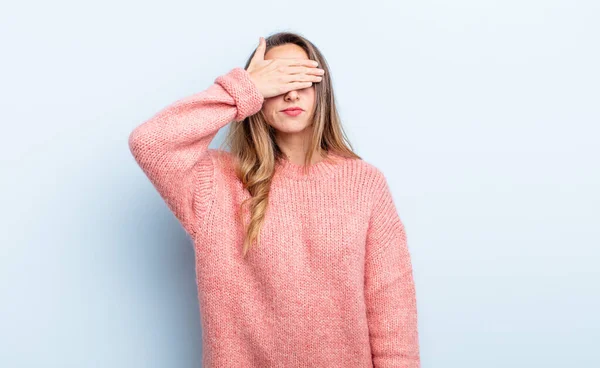 Pretty Caucasian Woman Covering Eyes One Hand Feeling Scared Anxious — Zdjęcie stockowe