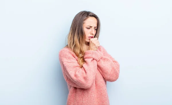 Pretty Caucasian Woman Feeling Ill Sore Throat Flu Symptoms Coughing — Stok fotoğraf