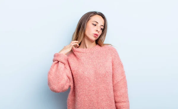 Pretty Caucasian Woman Feeling Stressed Anxious Tired Frustrated Pulling Shirt — Fotografia de Stock