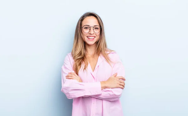 Pretty Caucasian Woman Looking Happy Proud Satisfied Achiever Smiling Arms — Stockfoto