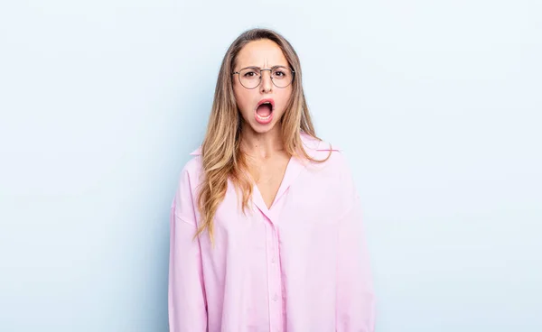 Pretty Caucasian Woman Feeling Terrified Shocked Mouth Wide Open Surprise — Stockfoto