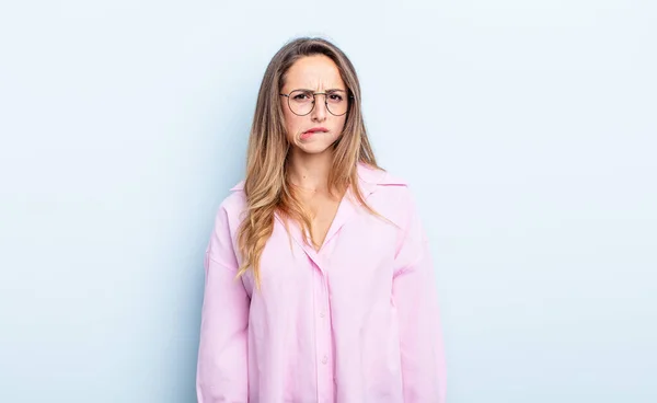 Pretty Caucasian Woman Looking Puzzled Confused Biting Lip Nervous Gesture — Foto Stock