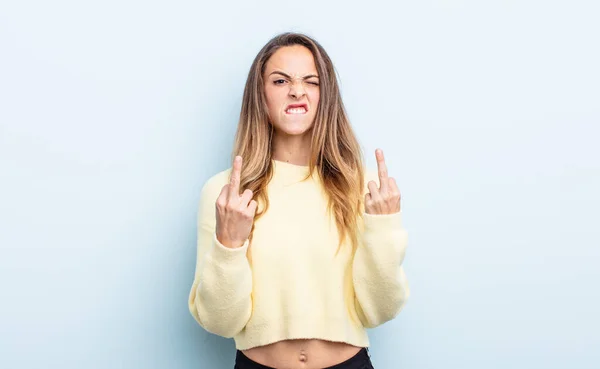 Pretty Caucasian Woman Feeling Provocative Aggressive Obscene Flipping Middle Finger — Stock Photo, Image