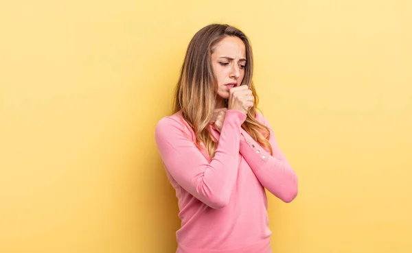 Pretty Caucasian Woman Feeling Ill Sore Throat Flu Symptoms Coughing — Foto de Stock