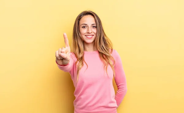 Pretty Caucasian Woman Smiling Proudly Confidently Making Number One Pose — Photo
